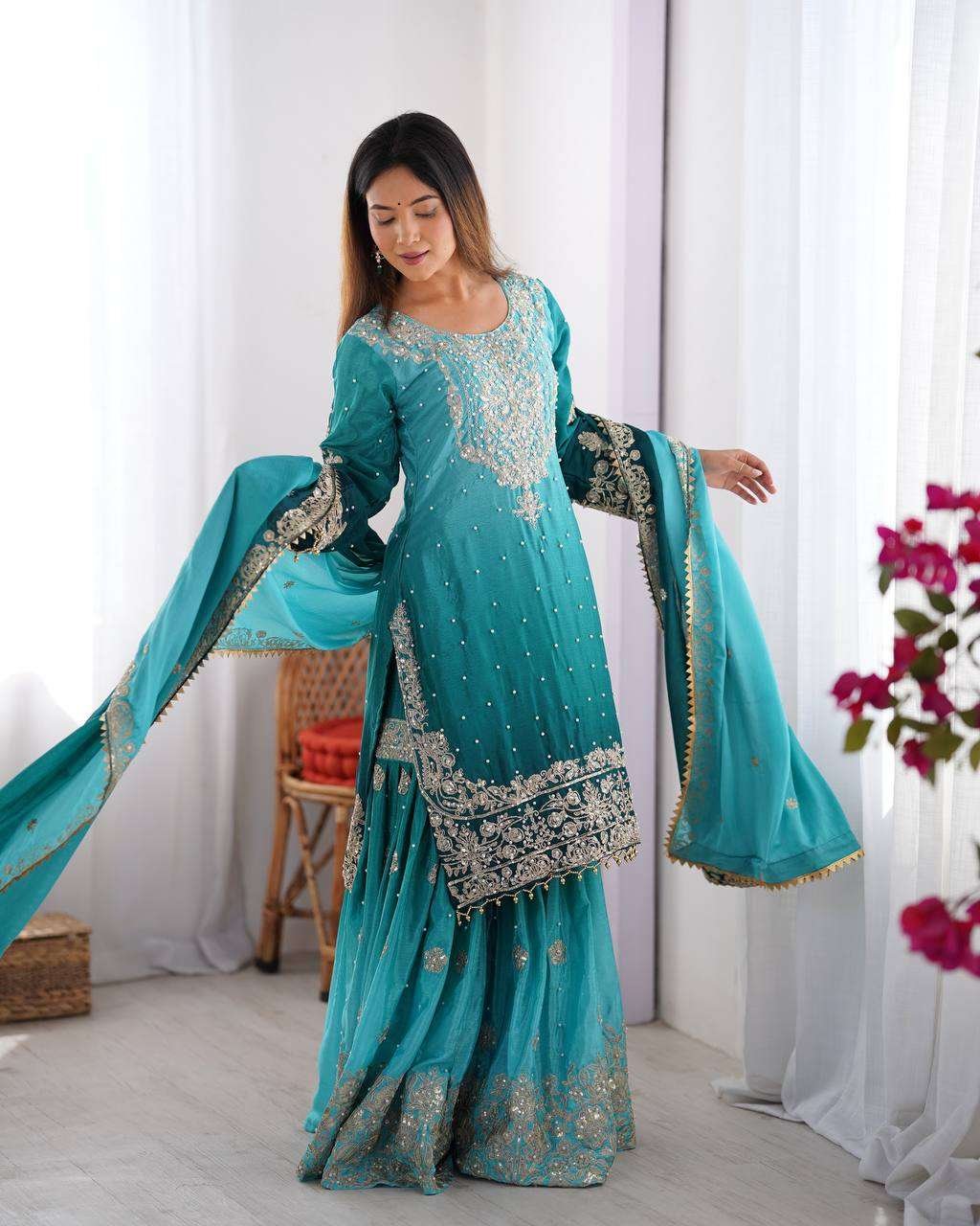 jbcJ6D.jpg Women's Chinon Silk Sequence With Rivet Moti Work Straight Kurta With Sharara and Dupatta Set - Image 32