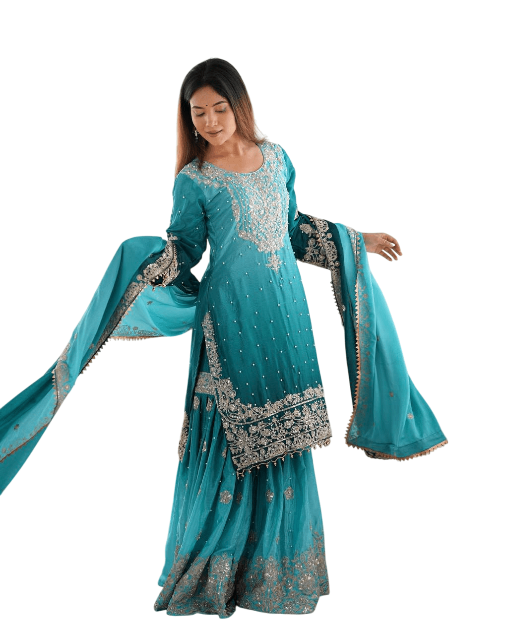 jjZZEr.png Women's Chinon Silk Sequence With Rivet Moti Work Straight Kurta With Sharara and Dupatta Set - Image 33