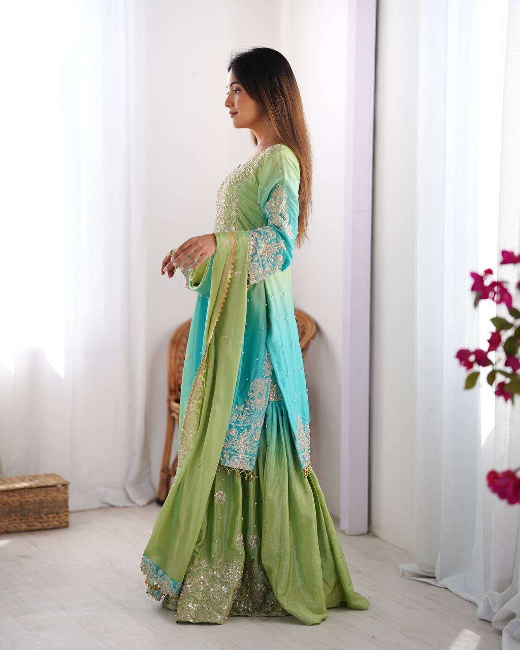 lWk1Pk.jpg Women's Chinon Silk Sequence With Rivet Moti Work Straight Kurta With Sharara and Dupatta Set - Image 15