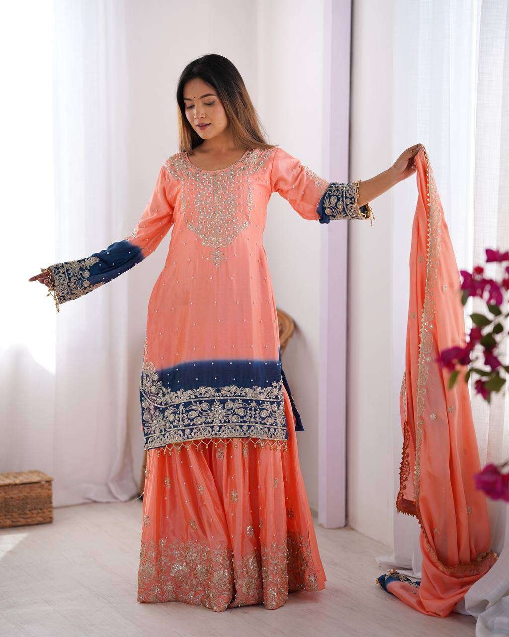mYHyKg.jpg Women's Chinon Silk Sequence With Rivet Moti Work Straight Kurta With Sharara and Dupatta Set - Image 26
