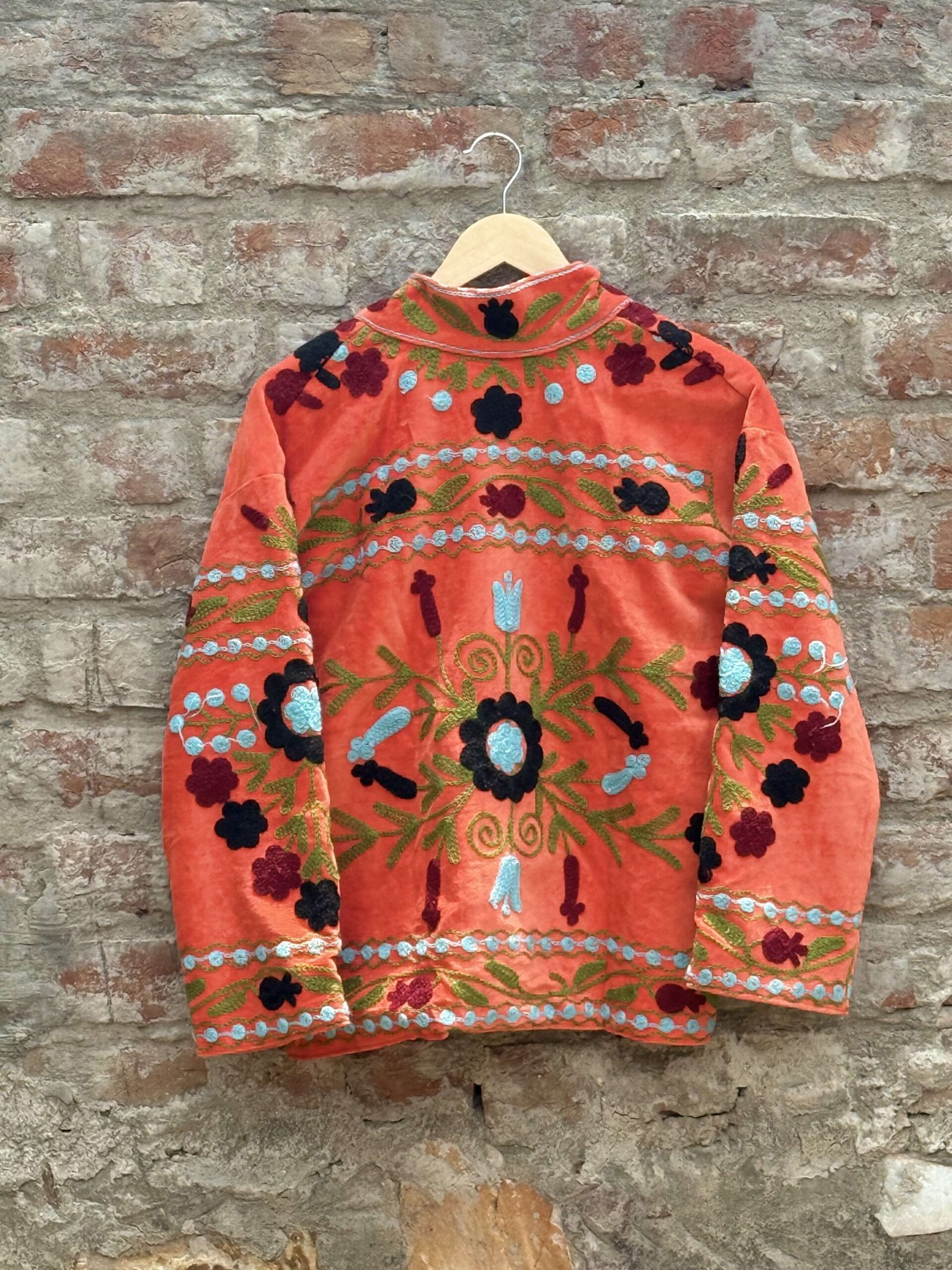 mzqfc6-scaled-1.jpg Womens Orange Velvet Embroidered Jacket with Floral Design - Image 6