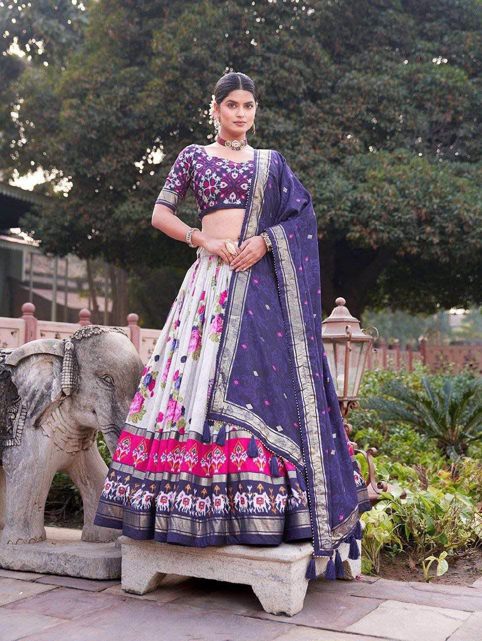 nfbMXq.jpg Women's Patola Print Tussar Silk Lehenga Choli Dupatta Set - Image 2