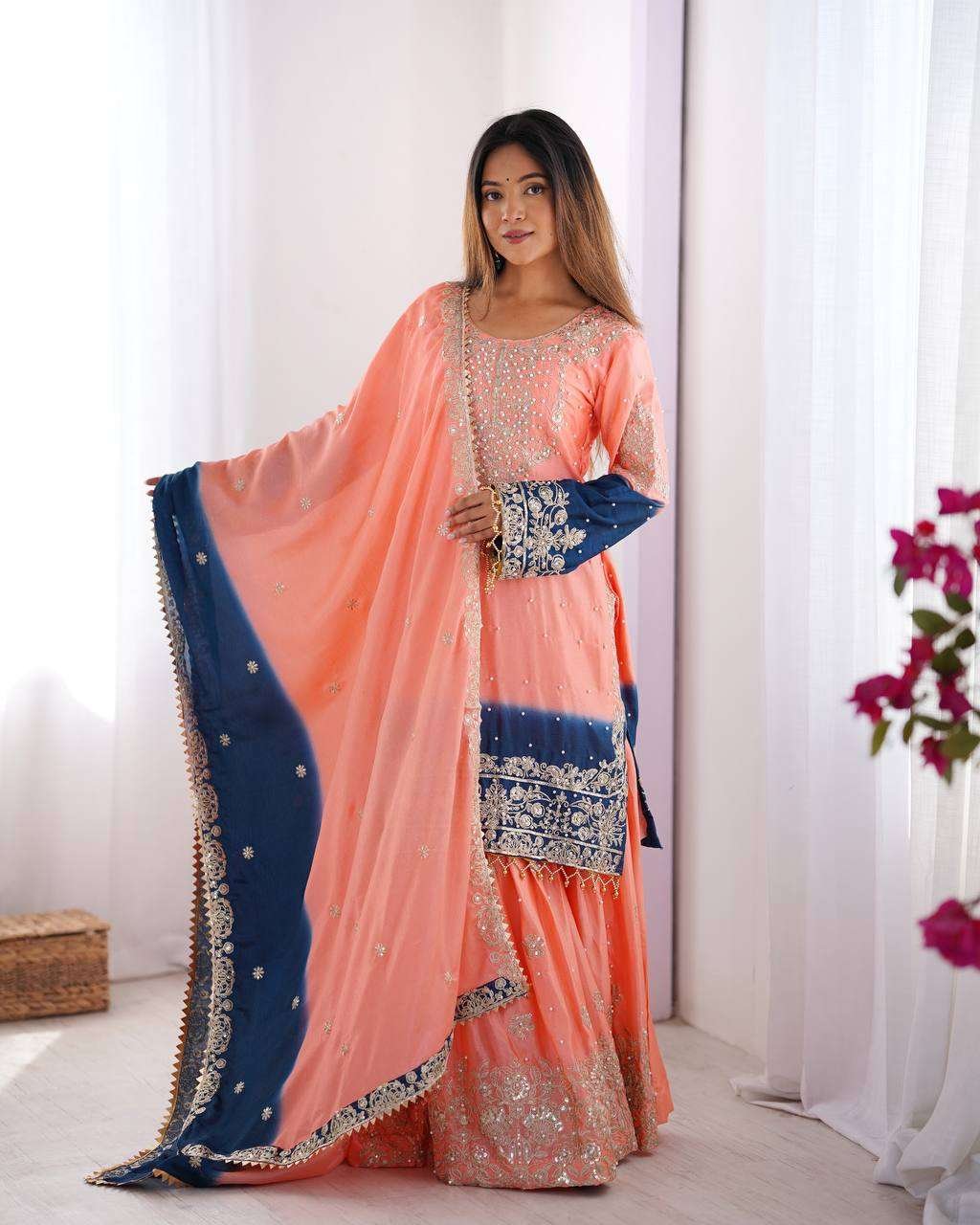 nzN4Af.jpg Women's Chinon Silk Sequence With Rivet Moti Work Straight Kurta With Sharara and Dupatta Set - Image 27