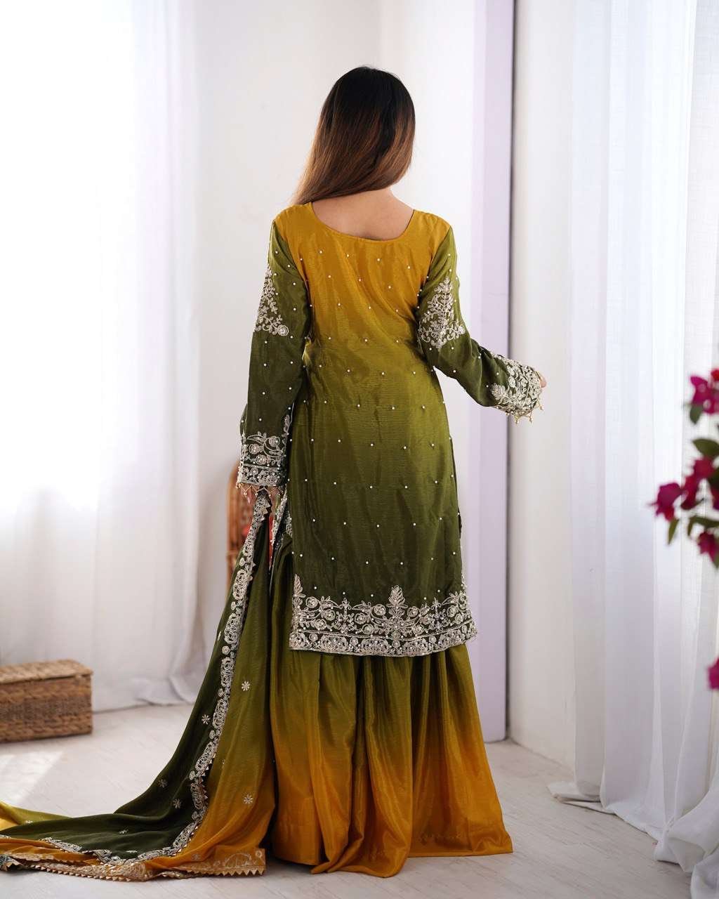 pFEb2k.jpg Women's Chinon Silk Sequence With Rivet Moti Work Straight Kurta With Sharara and Dupatta Set - Image 18