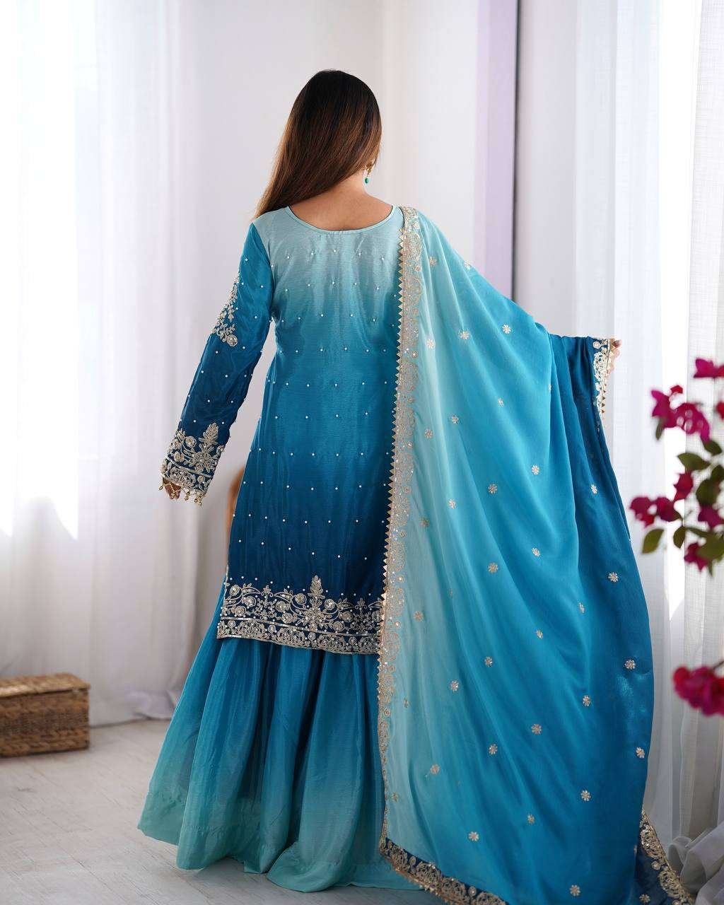 pZTvtP.jpg Women's Chinon Silk Sequence With Rivet Moti Work Straight Kurta With Sharara and Dupatta Set - Image 4