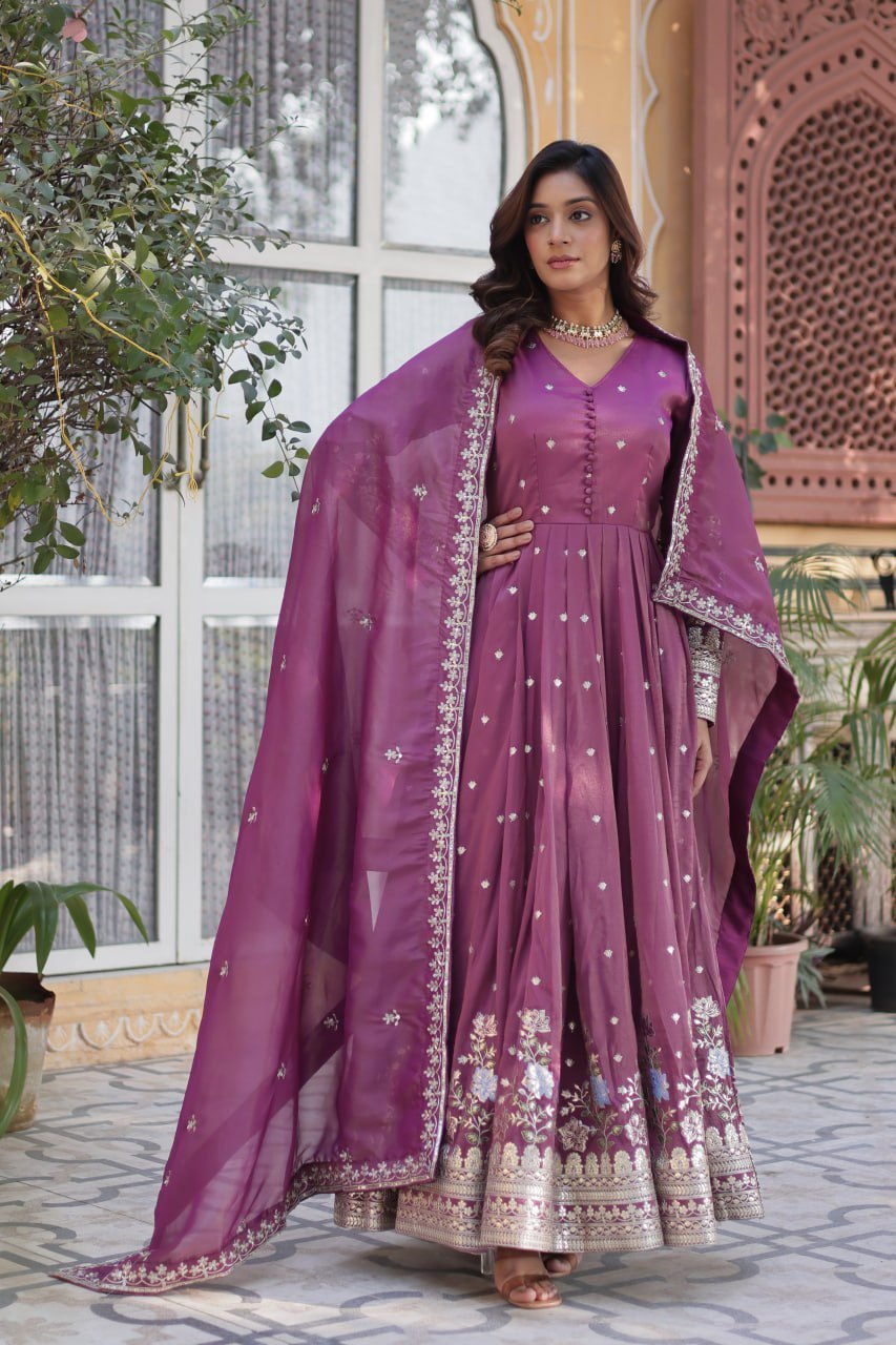 photo_6109233672096958061_y.jpg Women's Festive Rust Red Anarkali Gown with Intricate Silver Zari & Sequin Embroidery β Complete with Embroidered Dupatta - Image 6