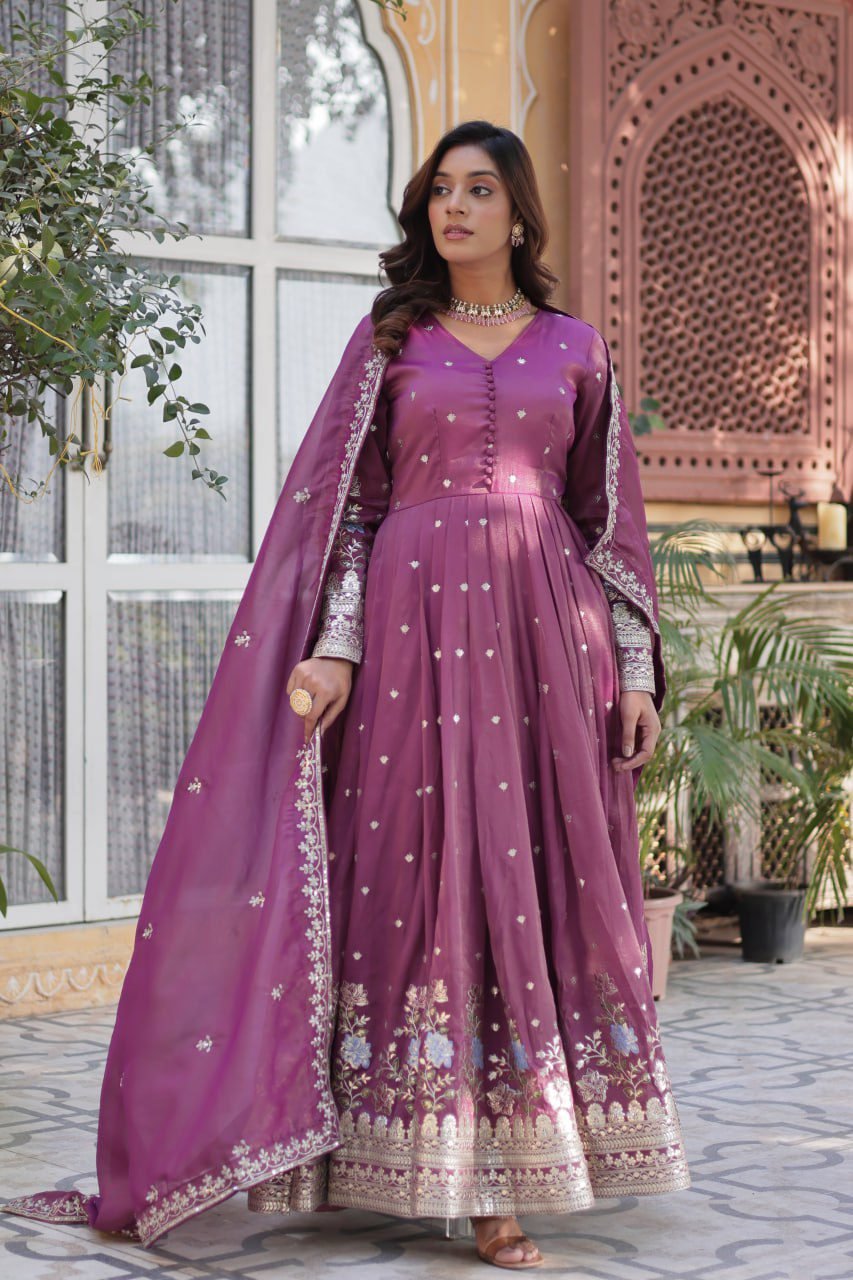 photo_6109233672096958064_y.jpg Women's Festive Rust Red Anarkali Gown with Intricate Silver Zari & Sequin Embroidery β Complete with Embroidered Dupatta - Image 8