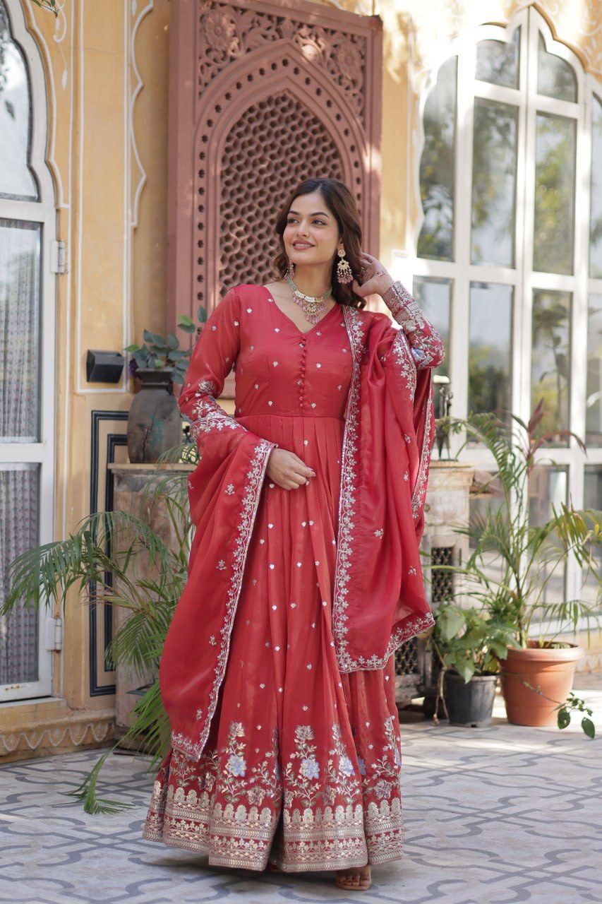 photo_6109233672096958076_y.jpg Women's Festive Rust Red Anarkali Gown with Intricate Silver Zari & Sequin Embroidery β Complete with Embroidered Dupatta