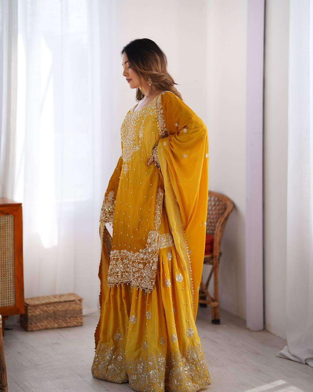 poxg6c.jpg Women's Chinon Silk Sequence With Rivet Moti Work Straight Kurta With Sharara and Dupatta Set - Image 38