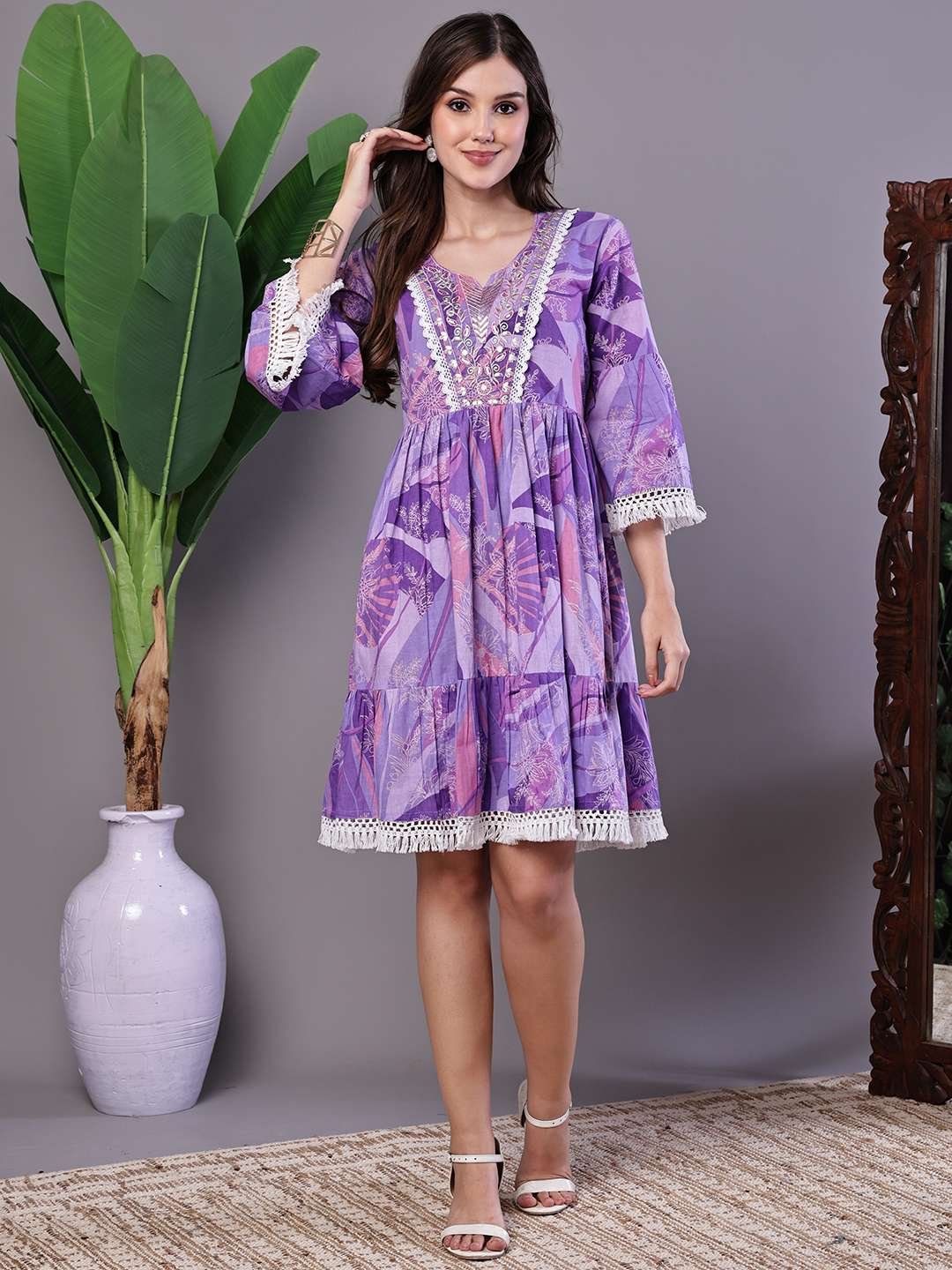qhn3vw.jpg Wome's Purple Floral Cotton A-Line Dress with Lace Detailing Midi Dresses - Image 3