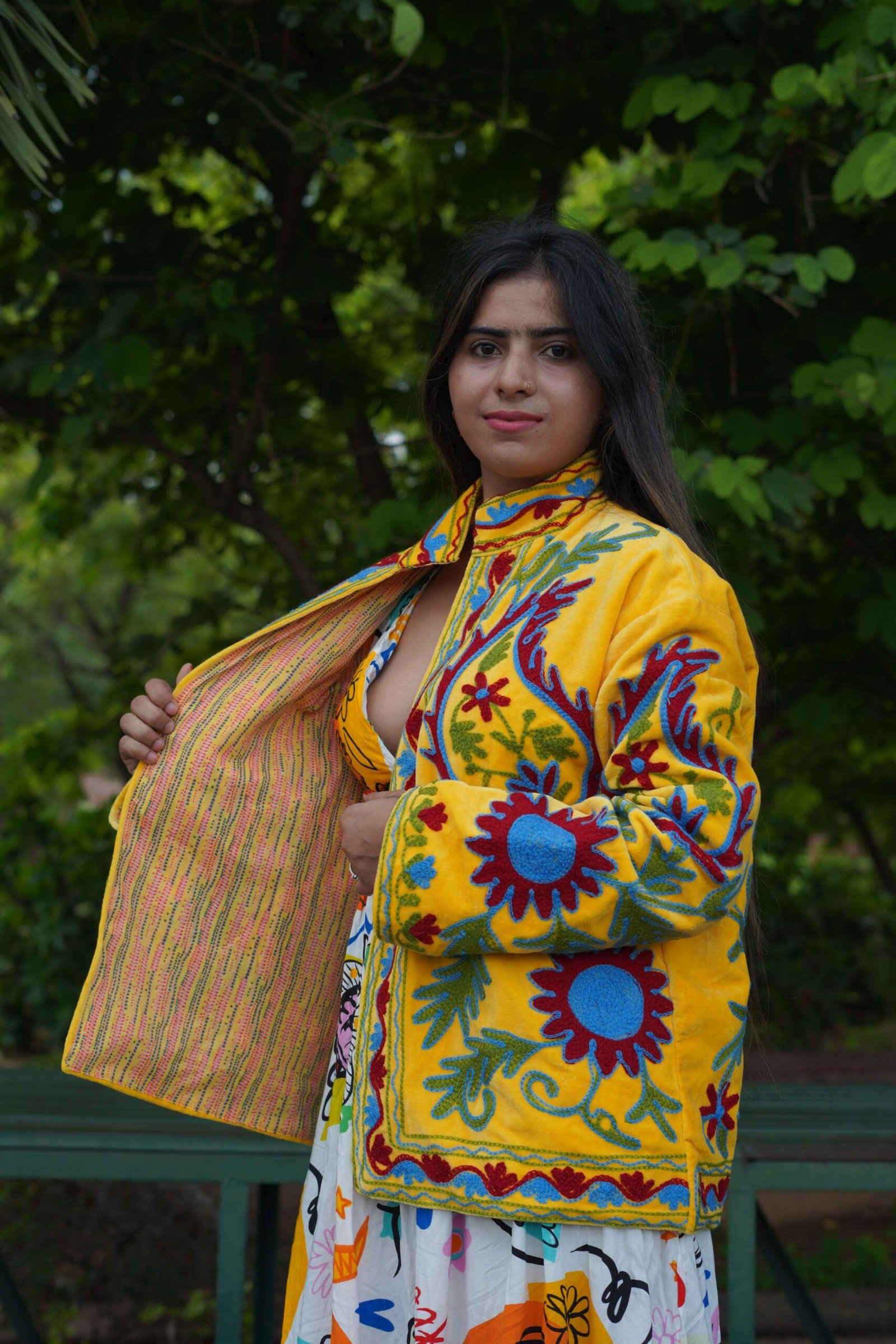 qoff1S-scaled-1.jpg Womens Yellow Velvet Embroidered Jacket with Floral Design - Image 3