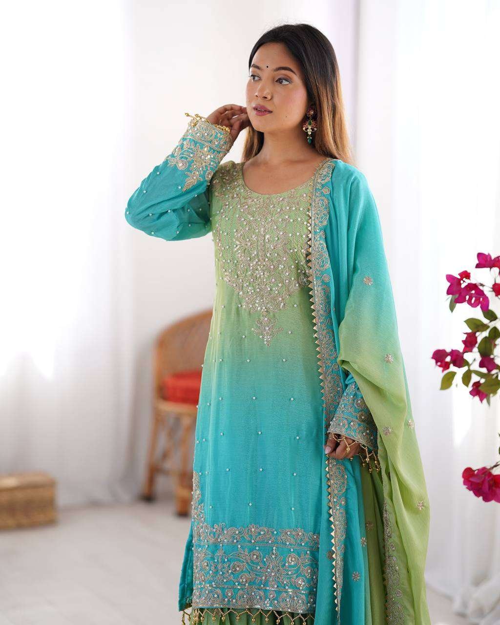 r9VPpu.jpg Women's Chinon Silk Sequence With Rivet Moti Work Straight Kurta With Sharara and Dupatta Set - Image 14