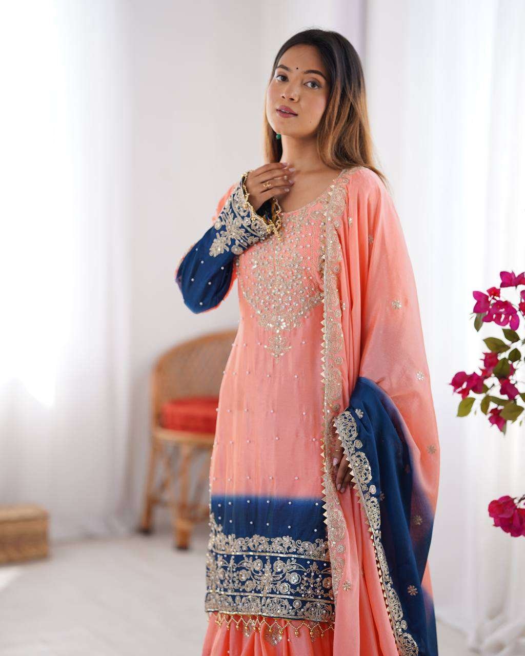 rhl5vQ.jpg Women's Chinon Silk Sequence With Rivet Moti Work Straight Kurta With Sharara and Dupatta Set - Image 28