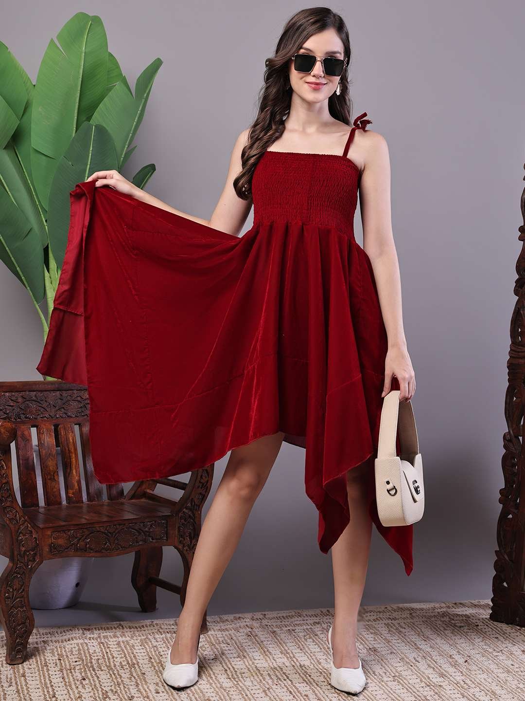 tNURBc.jpg Women's Junglee Velvet Maroon Handkerchief Hem Dress