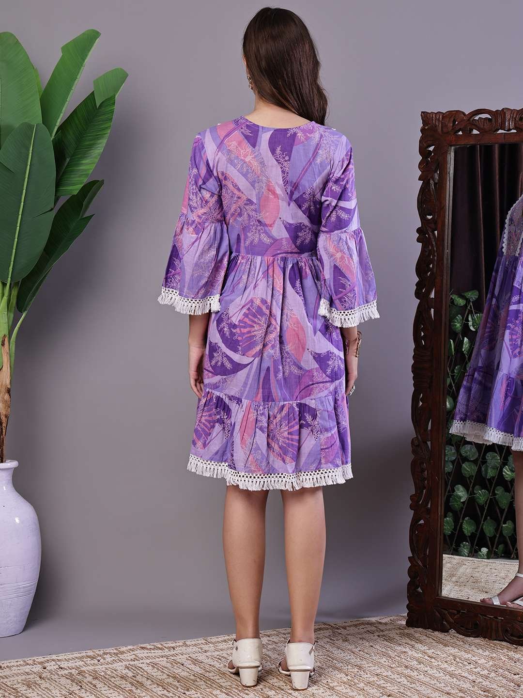uOu54M.jpg Wome's Purple Floral Cotton A-Line Dress with Lace Detailing Midi Dresses - Image 2