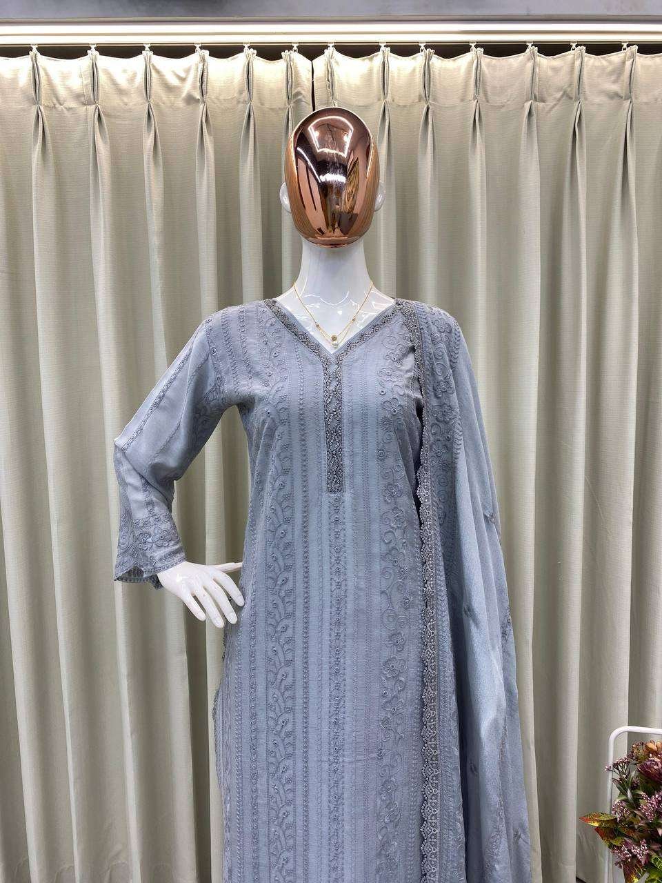vdngpn.jpg Women's Chinon Silk with Cotton Thread Embroidery Straight Kurti With Pant and Dupatta set - Image 7