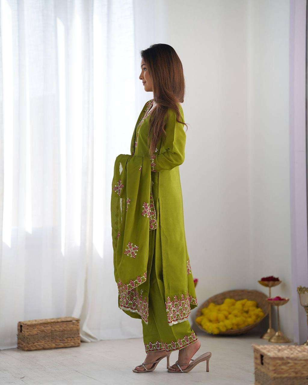 wJrafs.jpg Women's Chinnon Silk Embroidery Sequence Work and Lace Work Straight Kurti With Pant and Dupatta - Image 3