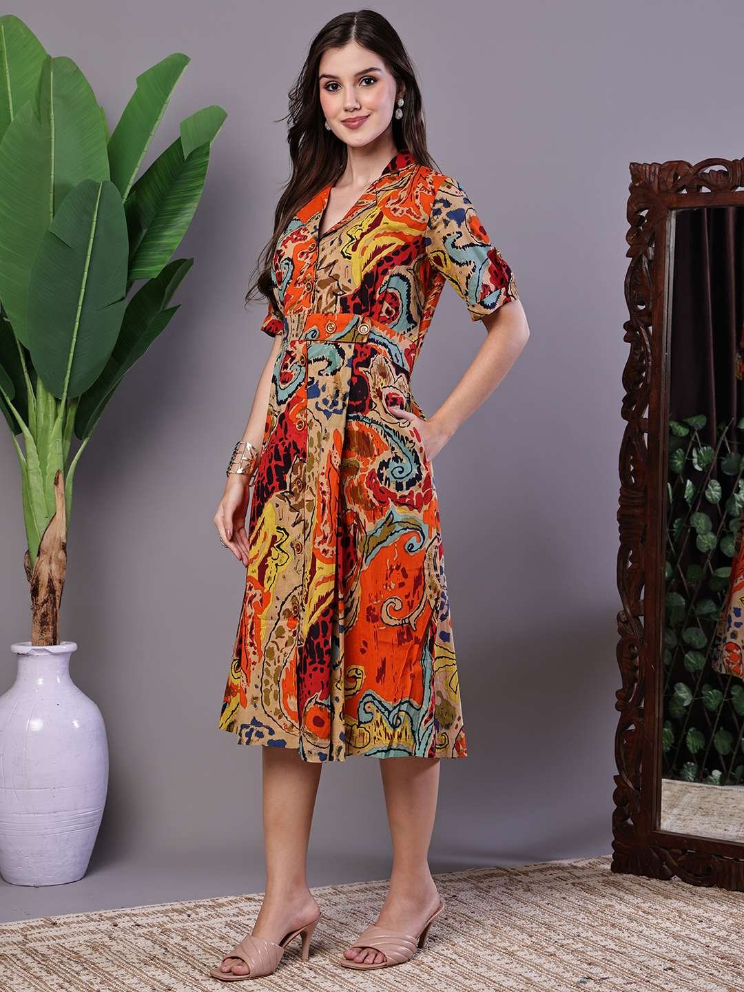 wVOUVK.jpg Women's Bohemian Chic Multi-Color Paisley Print Cotton Collared Midi Dress - Image 3