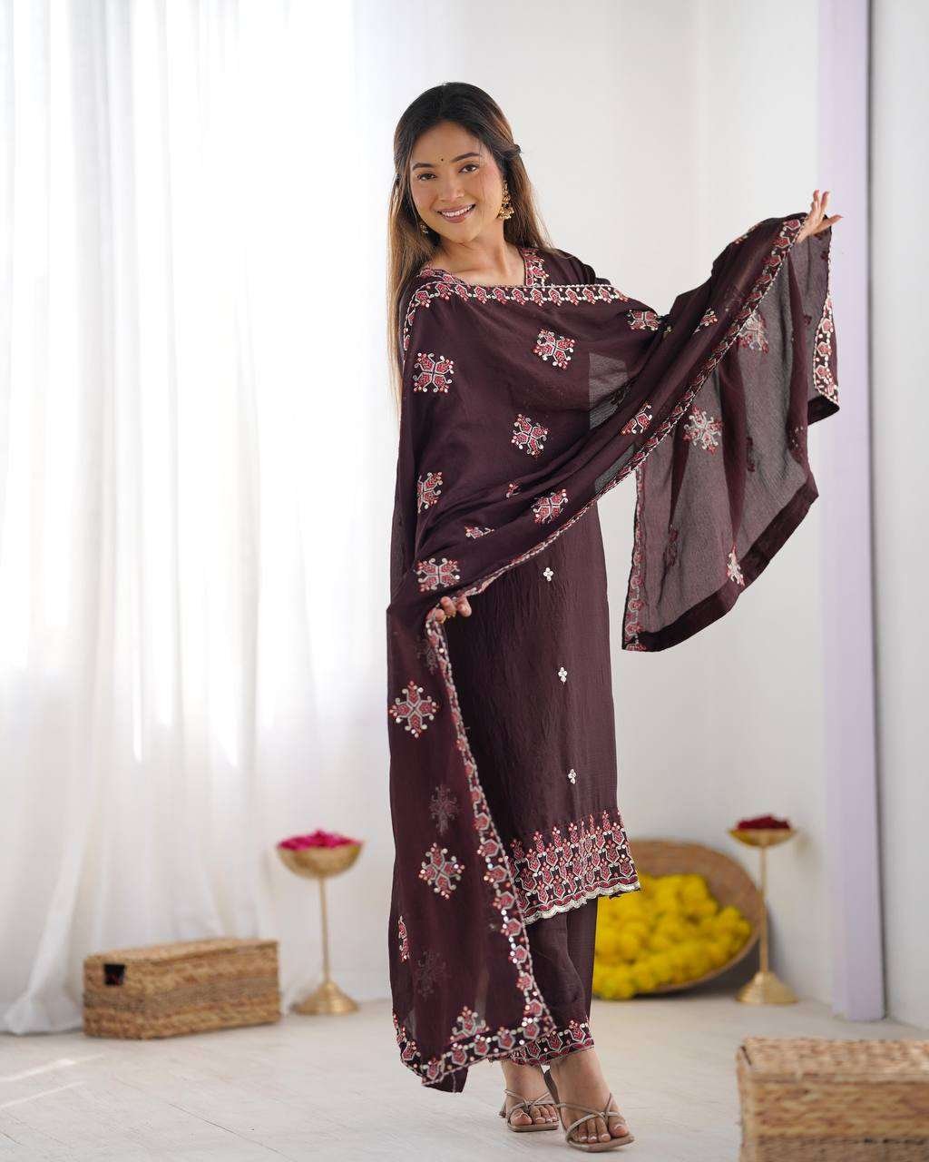wZO7L3.jpg Women's Chinnon Silk Embroidery Sequence Work and Lace Work Straight Kurti With Pant and Dupatta - Image 13