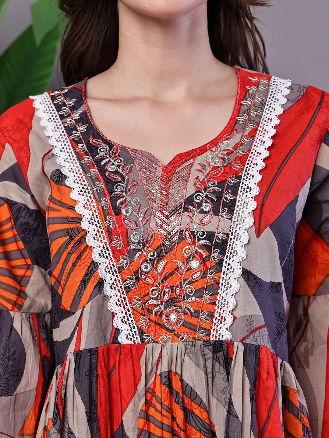 wf480l.jpg Wome's Multicolor Printed Cotton A-Line Dress with Embroidered Yoke Midi Dresses - Image 5