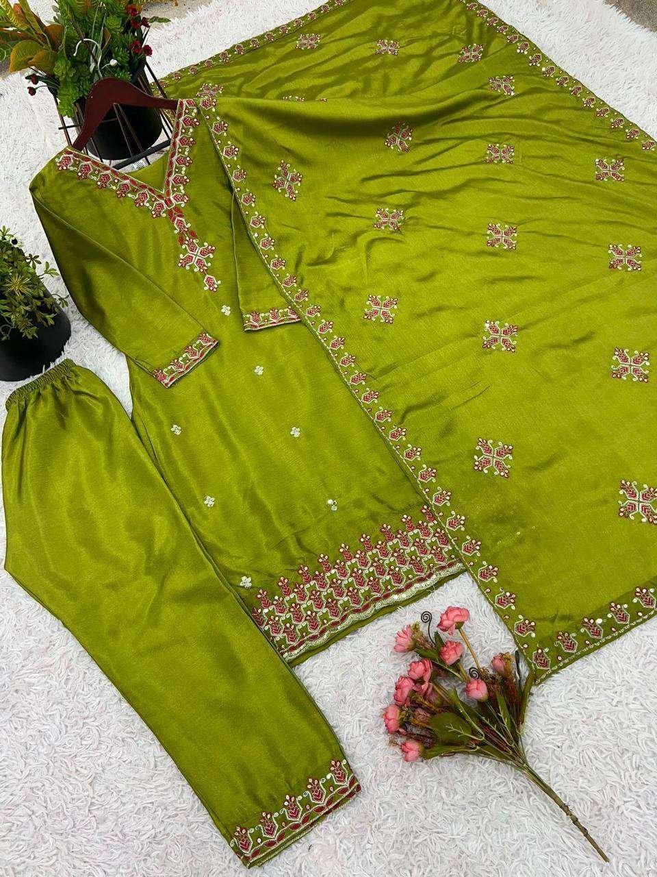 xd47ME.jpg Women's Chinnon Silk Embroidery Sequence Work and Lace Work Straight Kurti With Pant and Dupatta - Image 8