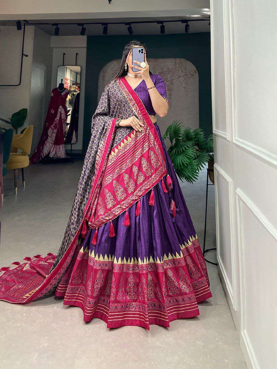 xobjvo.jpg Women's Stitched Ethnic Lehenga Choli with Zari Border and Contrast Dupatta - Image 4