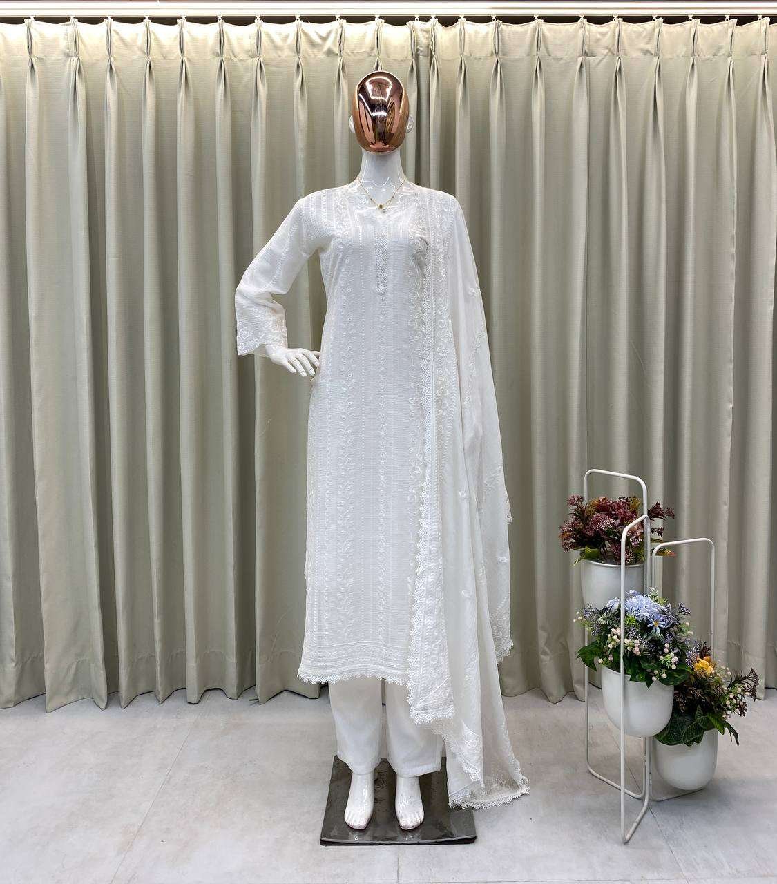 xuxzVD.jpg Women's Chinon Silk with Cotton Thread Embroidery Straight Kurti With Pant and Dupatta set - Image 23