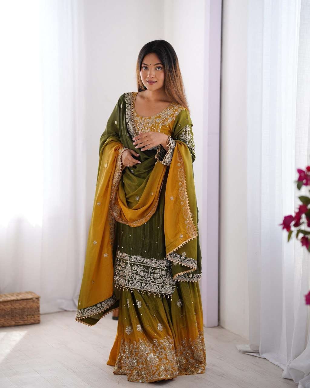 xwzo95.jpg Women's Chinon Silk Sequence With Rivet Moti Work Straight Kurta With Sharara and Dupatta Set - Image 19