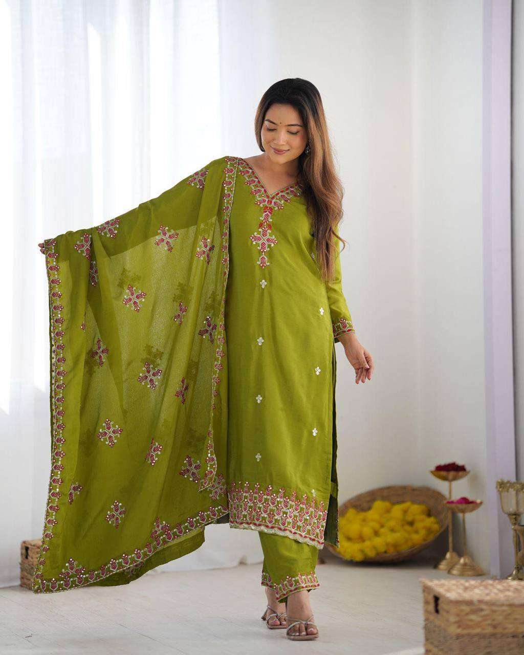 yJ4wU4.jpg Women's Chinnon Silk Embroidery Sequence Work and Lace Work Straight Kurti With Pant and Dupatta - Image 5
