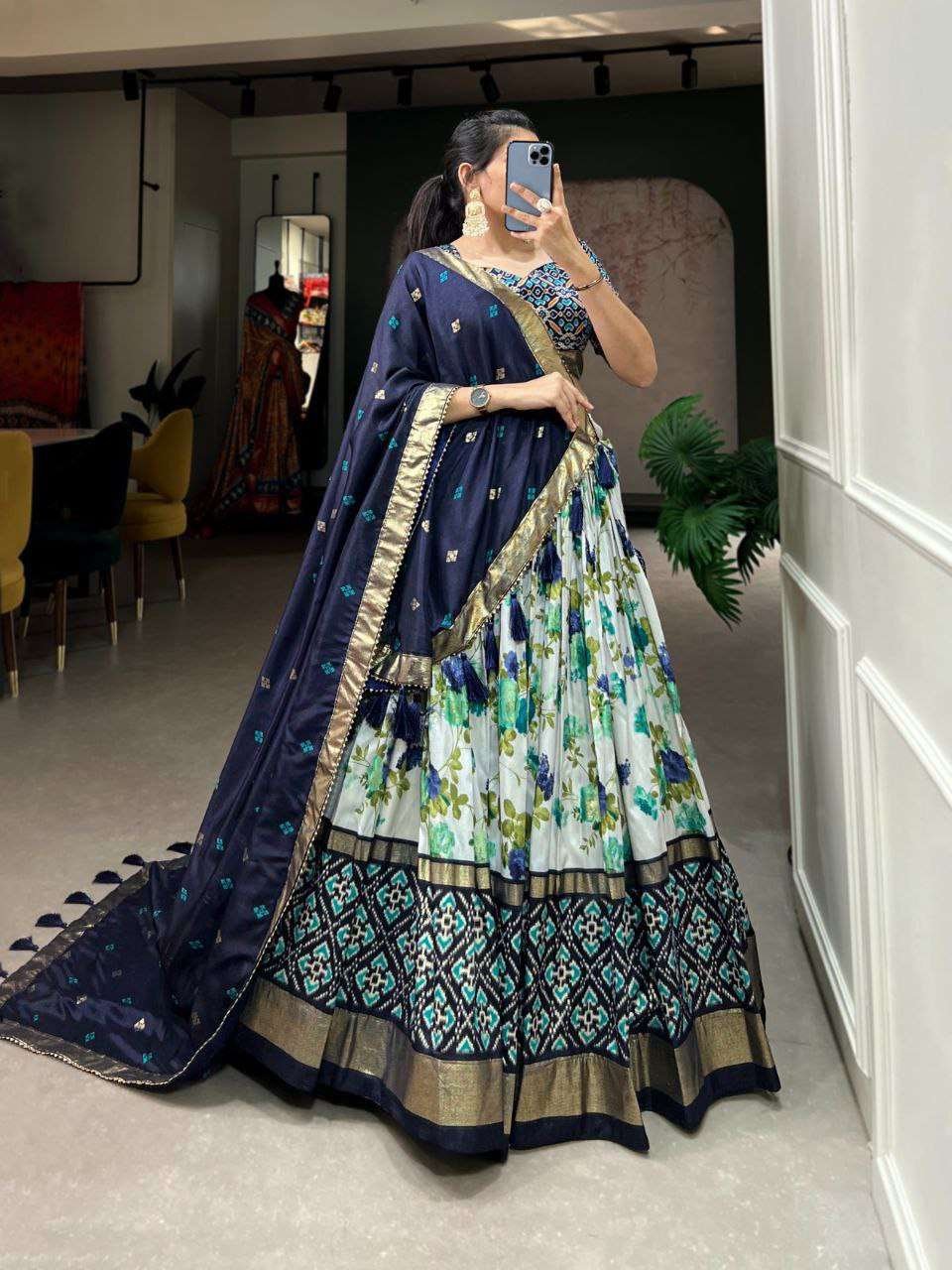 yahmH6.jpg Women's Luxurious Tussar Silk Lehenga Choli with Intricate Prints & Can-Can Flair