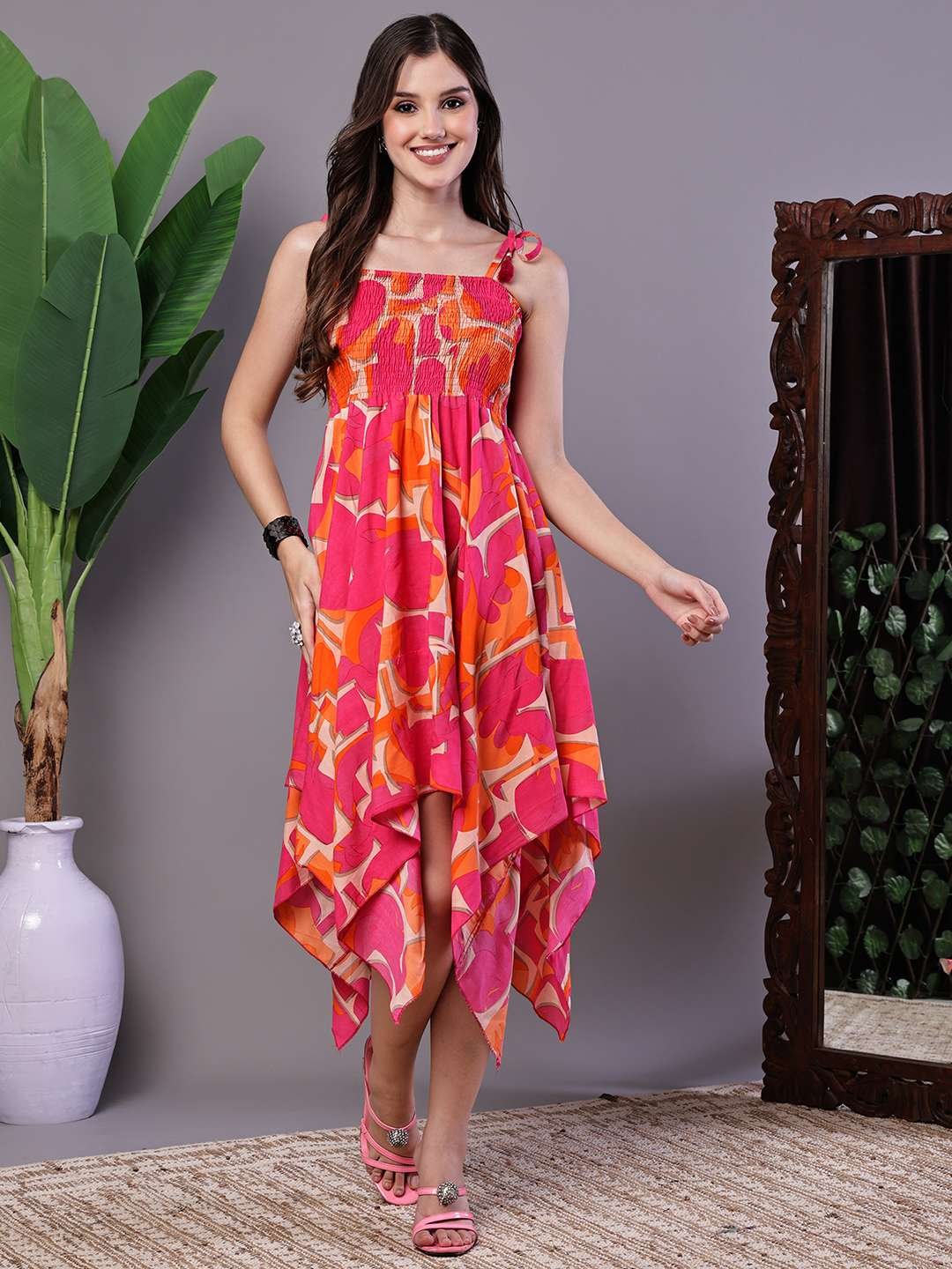zmKEcy.jpg Women's Orange & Pink Printed Cotton Handkerchief Hem Dress Midi Dresses
